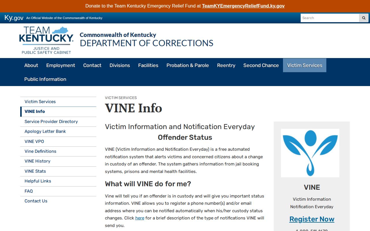 Kentucky VINE Jessamine County custody notification